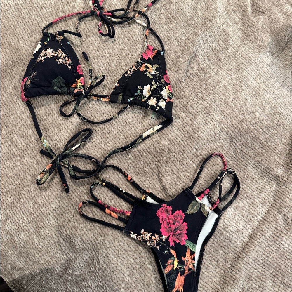 Montce Black Floral Bikini Top and Bottom